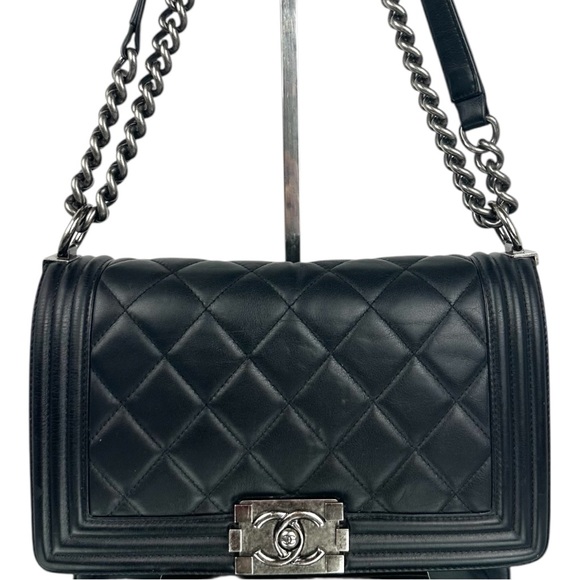 CHANEL BOY LAMBSKIN LEATHER Chain Shoulder Bag Black Medium - Picture 1 of 16